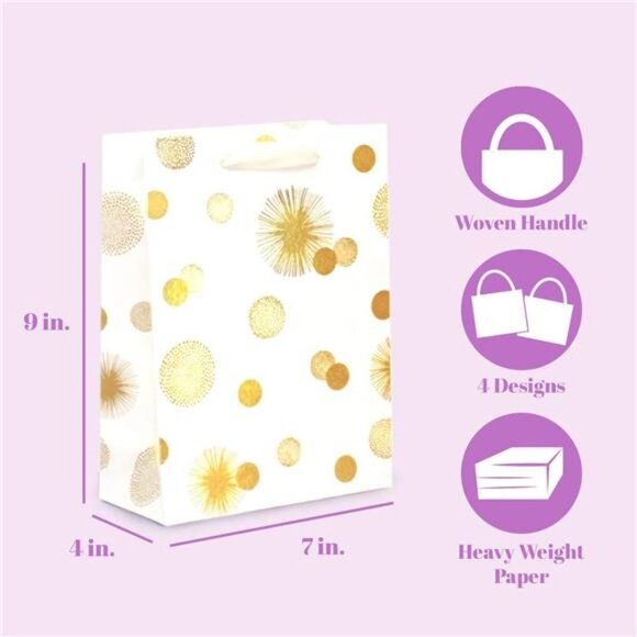 12PCS Cute Metallic Foil Gold Gift Bags Bulk with Handles, Medium 9 Inch Durable - Picture 5 of 7